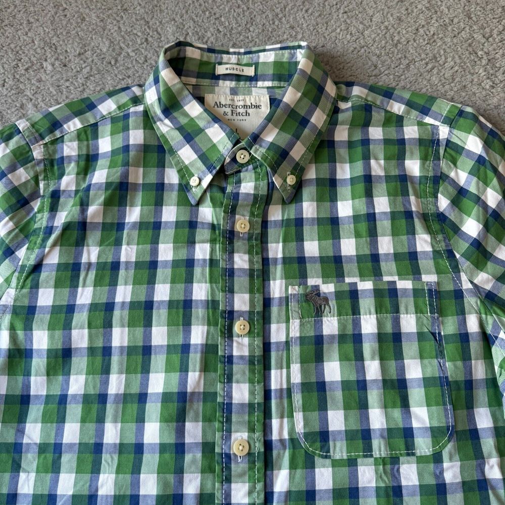 NEW Abercrombie & Fitch Shirt Mens Large Green White Plaid Muscle Button Up Work